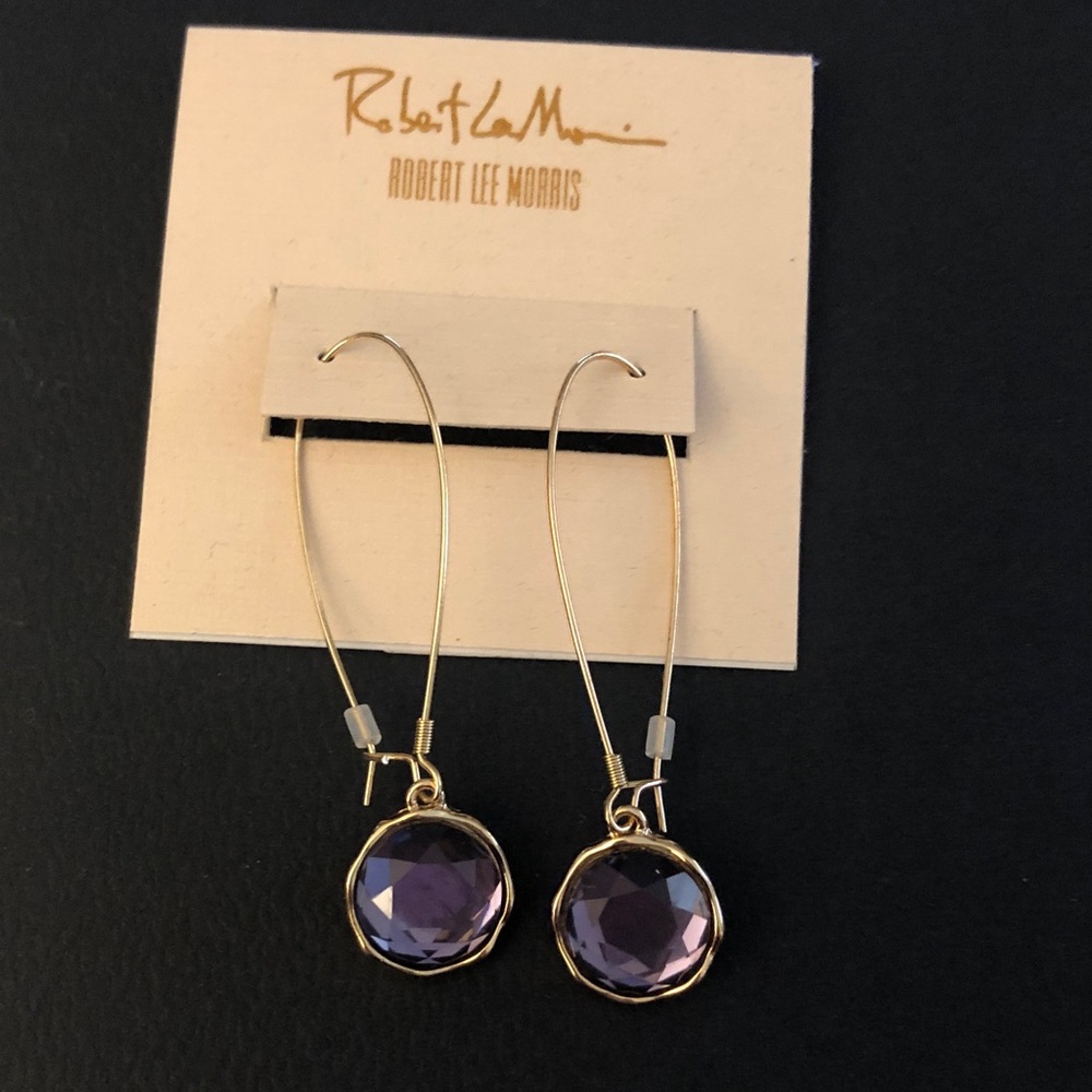 Robert Lee Morris Gold Tone Drop Earrings Round Purple Crystal Accent NWT